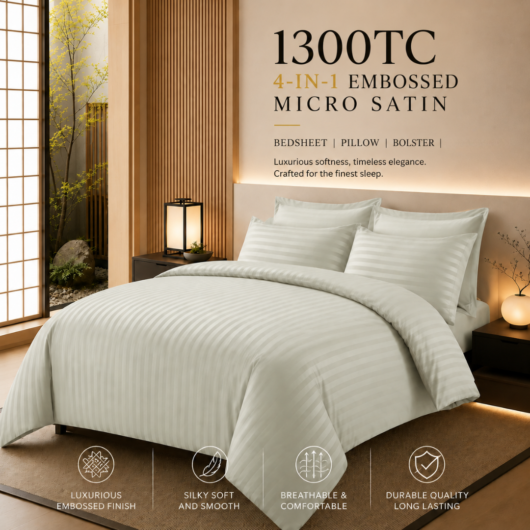 1300TC 4-IN-1 Embossed Micro Satin Bedsheet Set Hotel Luxury Stripe Bedding | Queen King Size