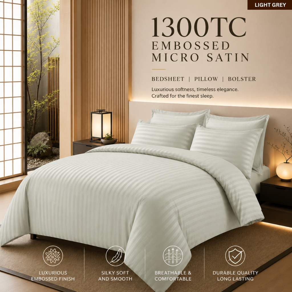 1300TC 4-IN-1 Embossed Micro Satin Bedsheet Set Hotel Luxury Stripe Bedding | Queen King Size