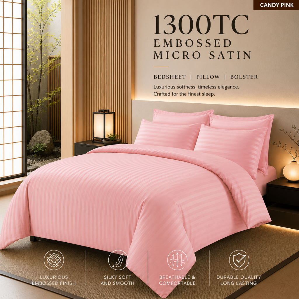 1300TC 4-IN-1 Embossed Micro Satin Bedsheet Set Hotel Luxury Stripe Bedding | Queen King Size