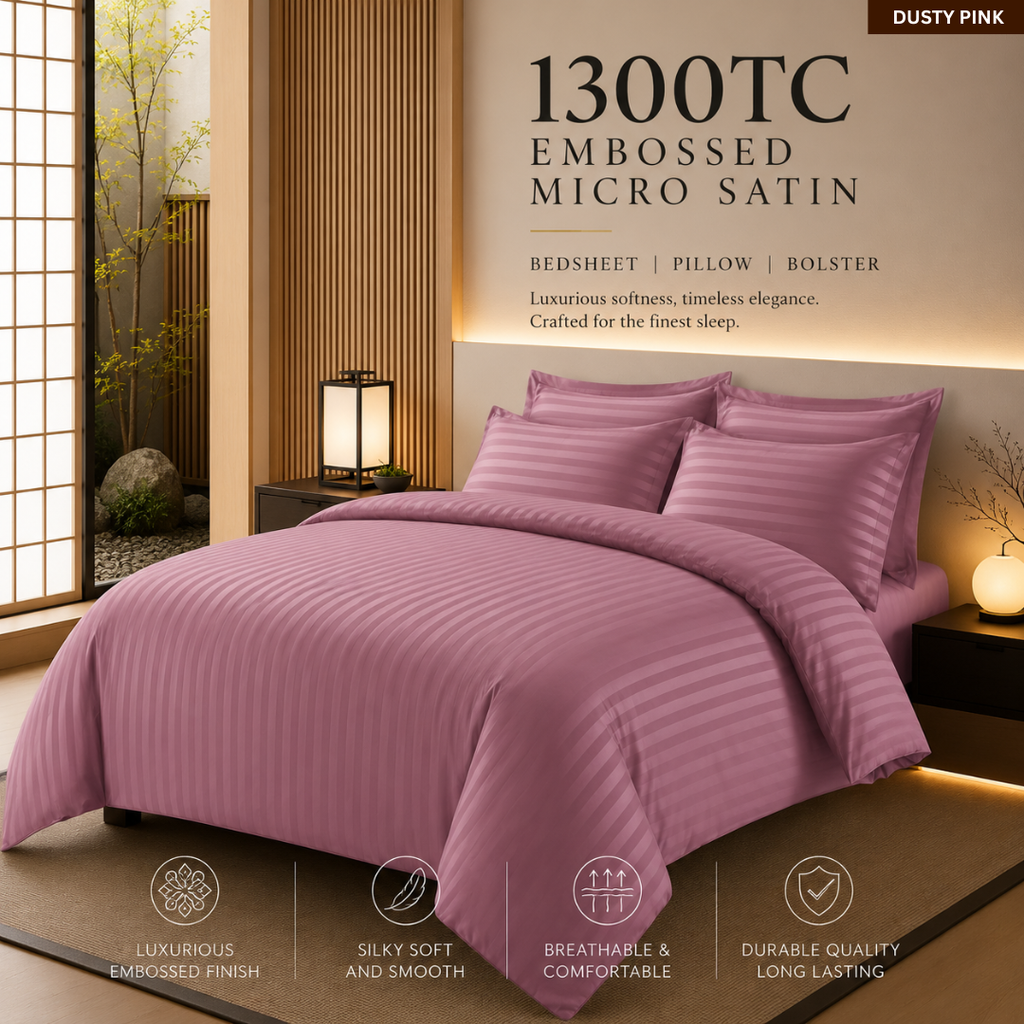 1300TC 4-IN-1 Embossed Micro Satin Bedsheet Set Hotel Luxury Stripe Bedding | Queen King Size