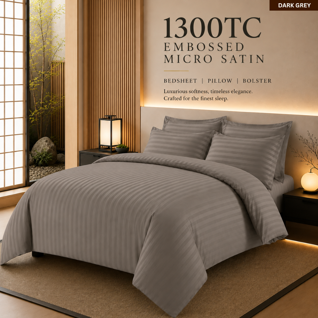 1300TC 4-IN-1 Embossed Micro Satin Bedsheet Set Hotel Luxury Stripe Bedding | Queen King Size