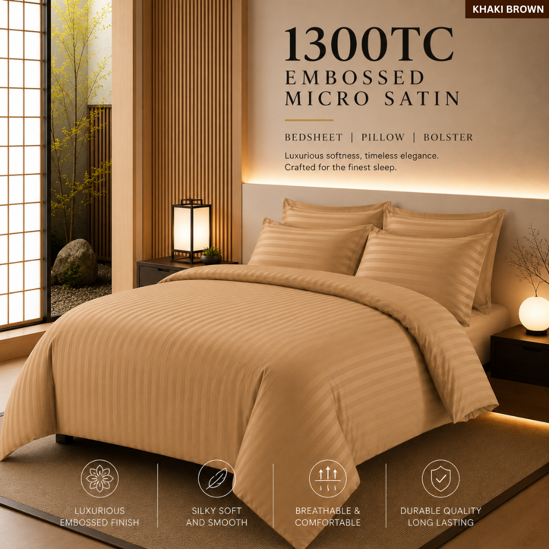 1300TC 4-IN-1 Embossed Micro Satin Bedsheet Set Hotel Luxury Stripe Bedding | Queen King Size
