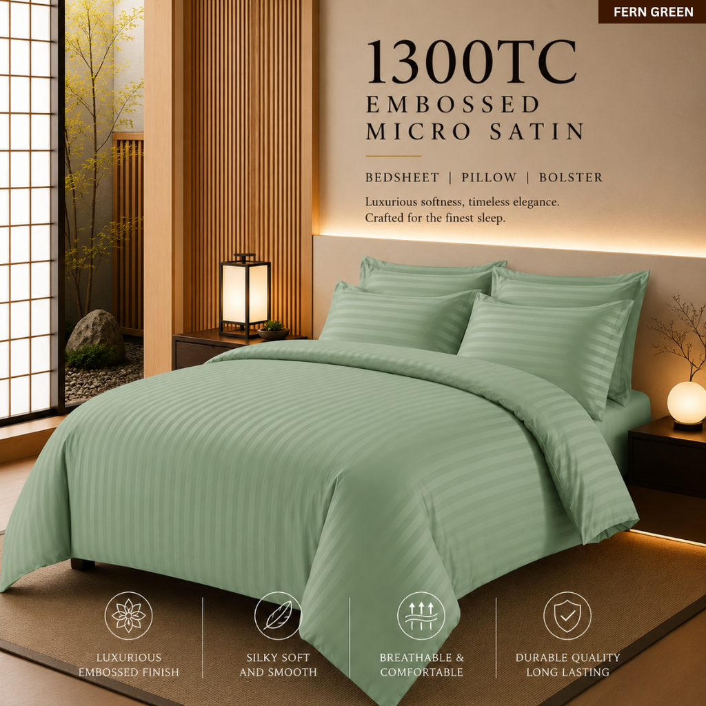 1300TC 4-IN-1 Embossed Micro Satin Bedsheet Set Hotel Luxury Stripe Bedding | Queen King Size