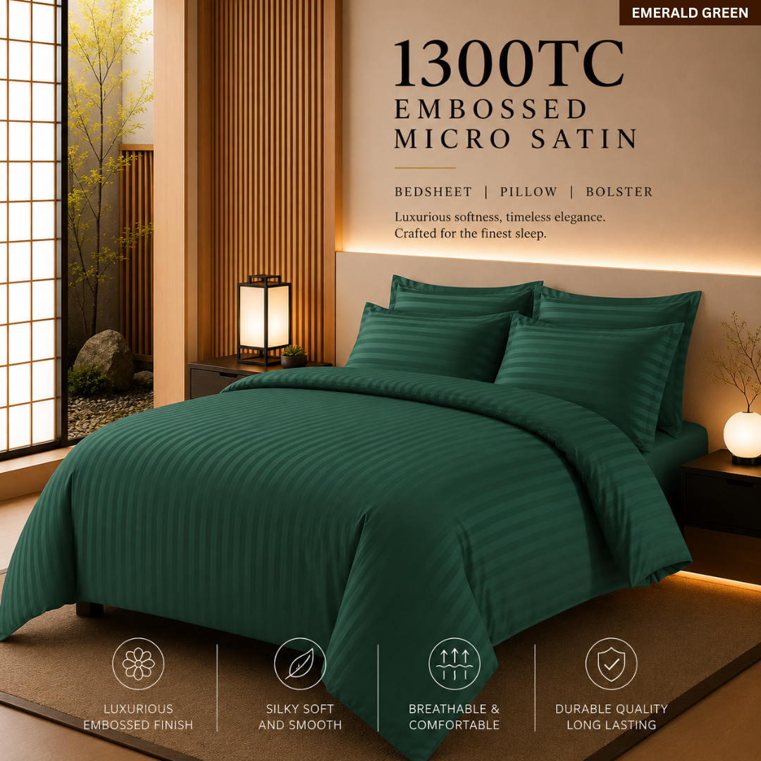 1300TC 4-IN-1 Embossed Micro Satin Bedsheet Set Hotel Luxury Stripe Bedding | Queen King Size