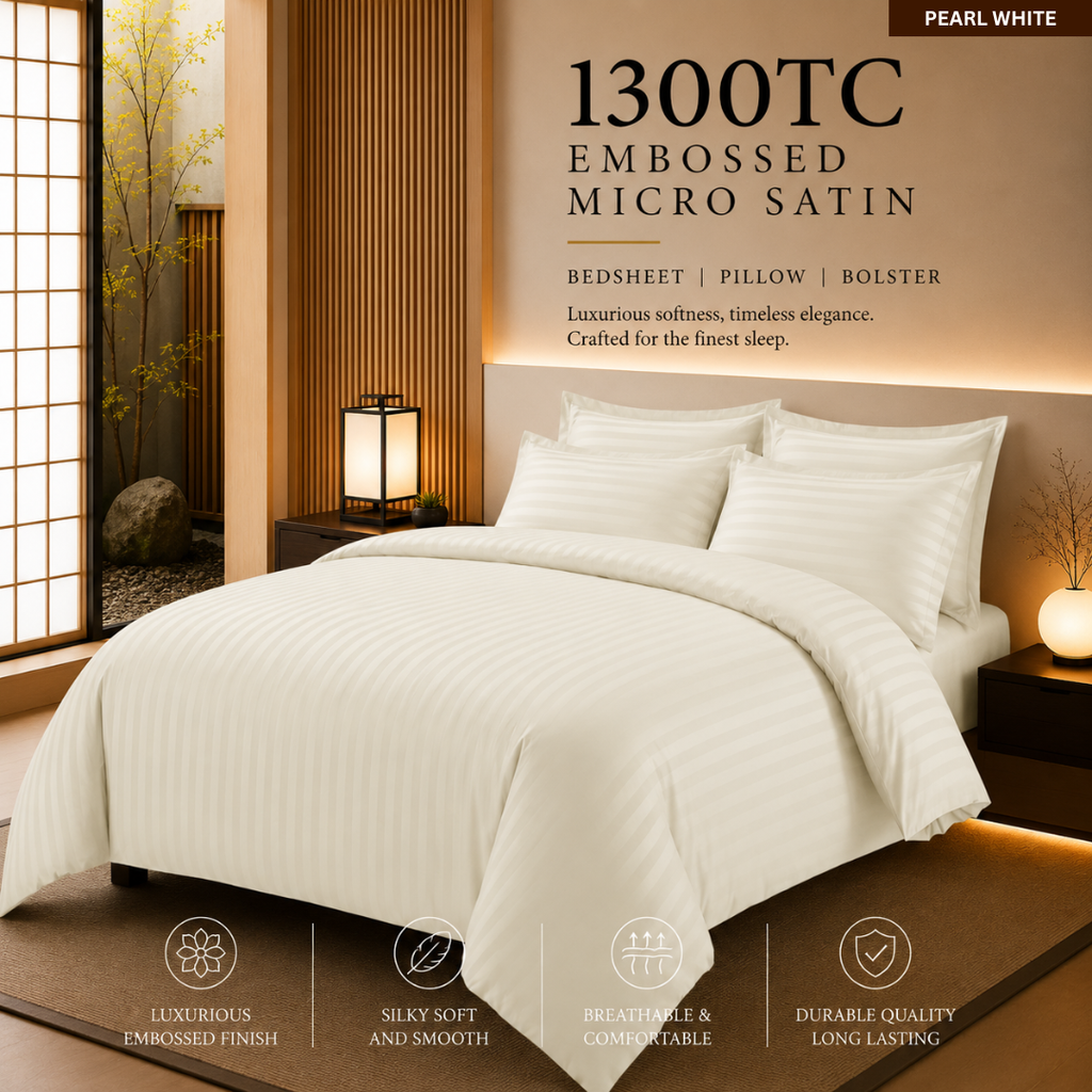 1300TC 4-IN-1 Embossed Micro Satin Bedsheet Set Hotel Luxury Stripe Bedding | Queen King Size