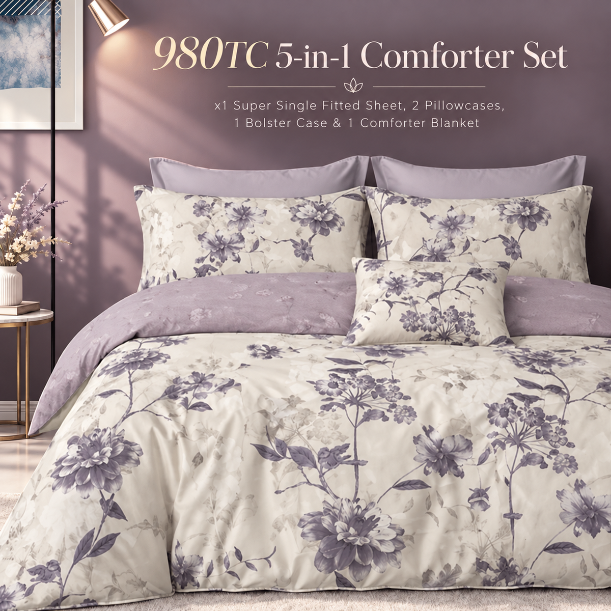 980TC 5-in-1 Bedsheet With Comforter Set | Available in Super Single