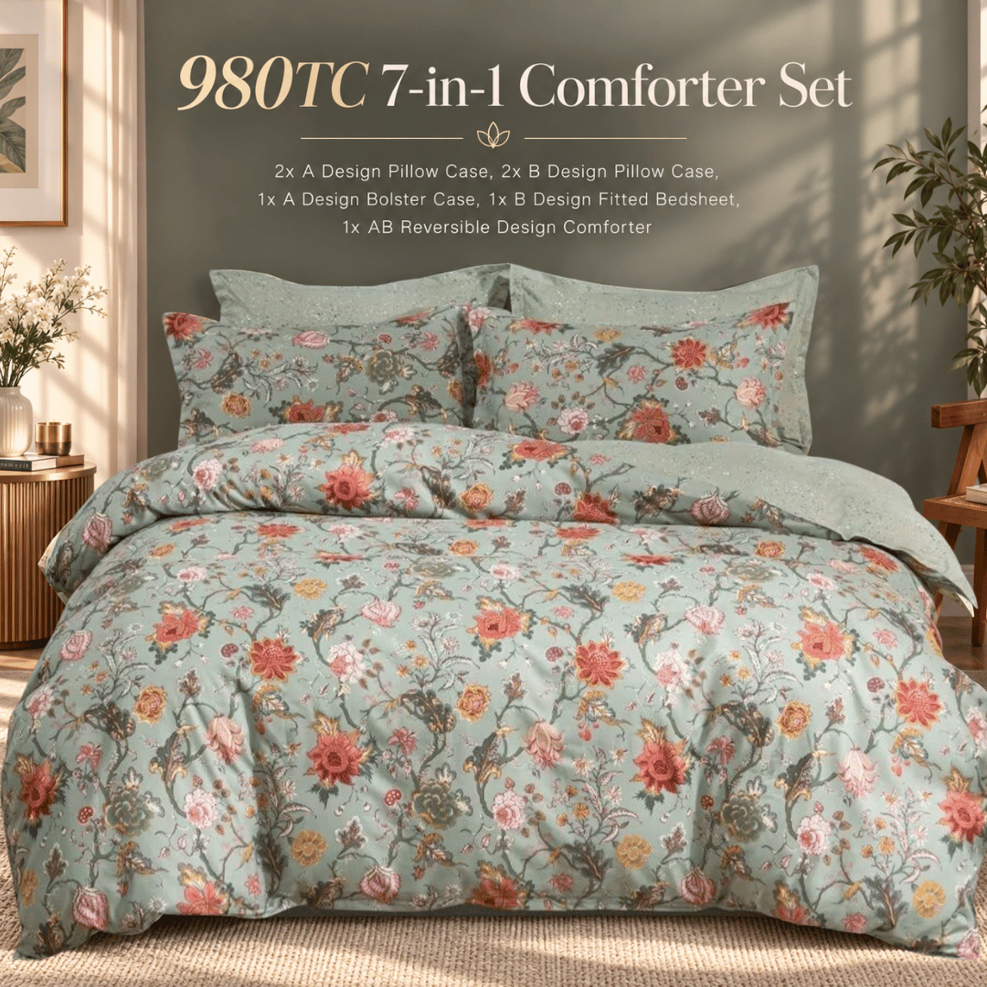 980TC 7-in-1 Bedsheet With Comforter Set | Available in Queen, King