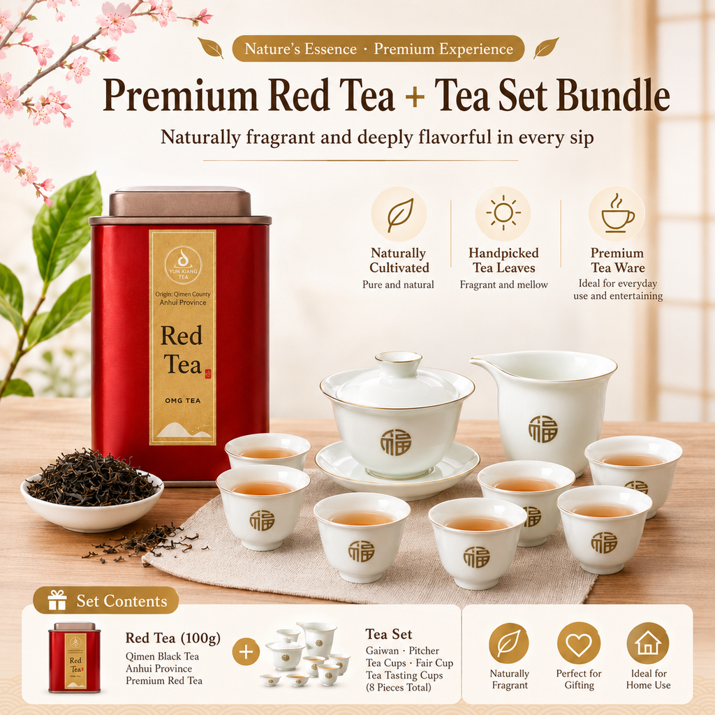 Premium Wild Red Tea Leaves 100g + Porcelain Gongfu Tea Set Bundle | Chinese Tea Gift Set | Tea Cups, Gaiwan & Pitcher