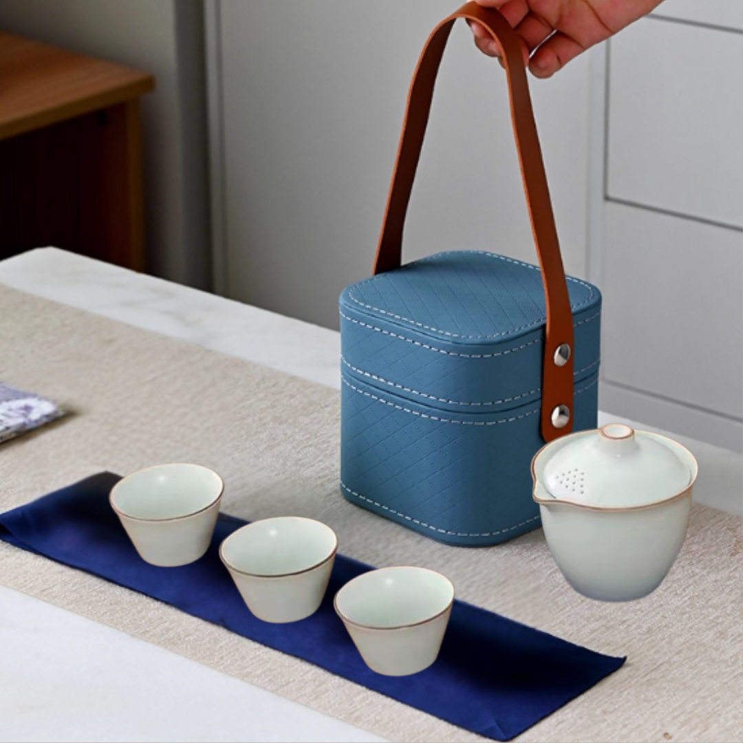 Chinese Ceramic Gaiwan Tea Set – 1 Teapot + 3 Cups + Tea Canister, Plain Elegant Style