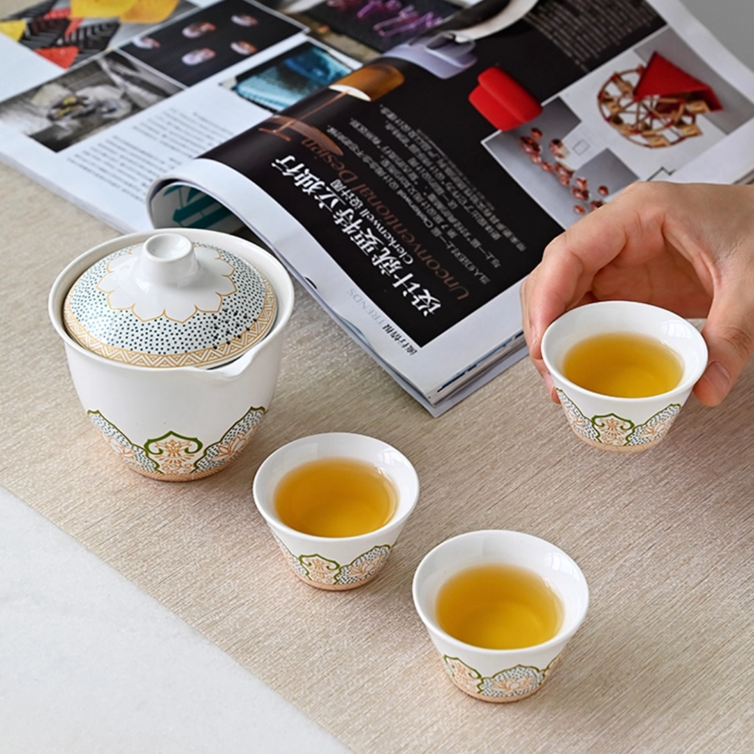 Chinese Ceramic Gaiwan Tea Set – 1 Teapot + 3 Cups + Tea Canister, Plain Elegant Style