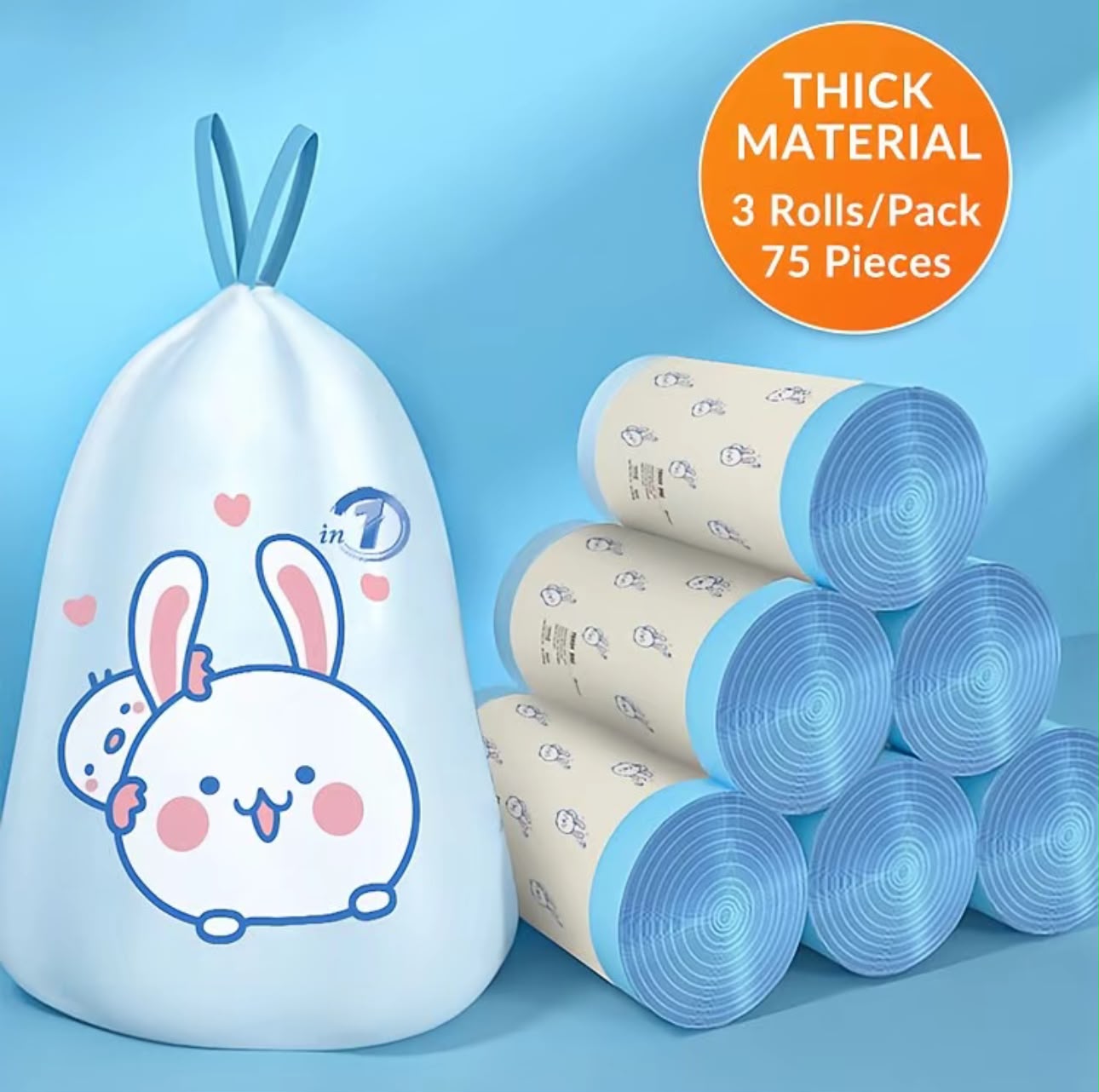 75PCS Drawstring Trash Bags Thick Leak-Proof Garbage Bags with Cute Rabbit Print