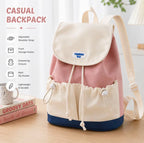 Unisex Casual Drawstring Backpack Lightweight Colourblock School Travel Bag with Front Pockets & Back Zip Pocket