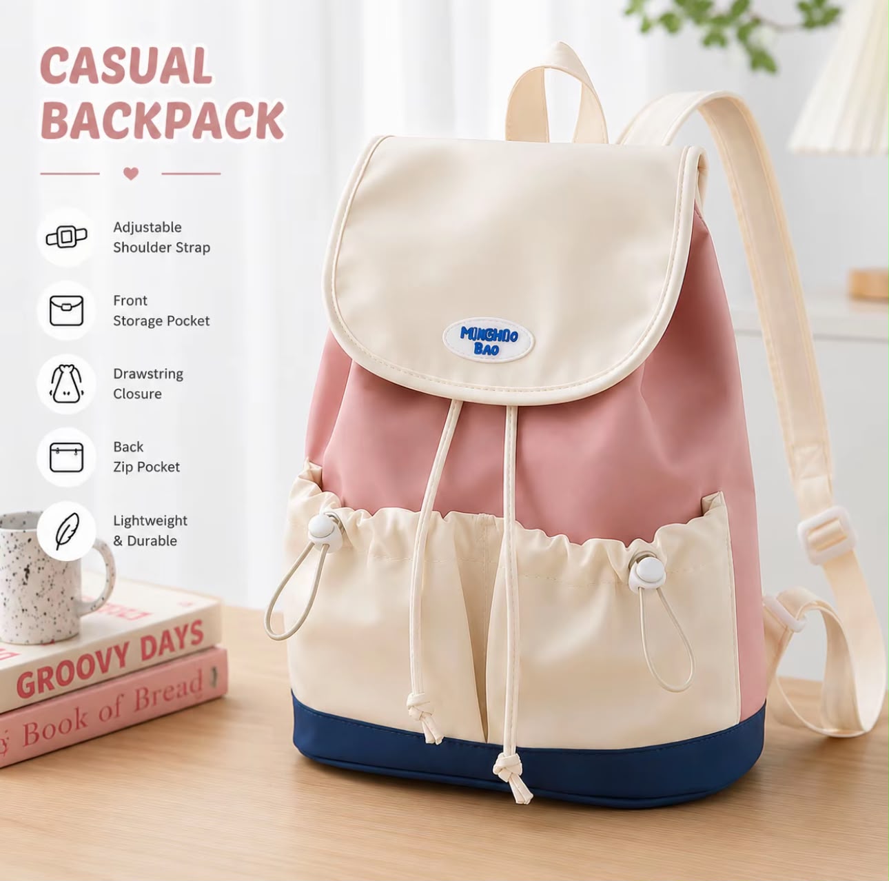 Unisex Casual Drawstring Backpack Lightweight Colourblock School Travel Bag with Front Pockets & Back Zip Pocket