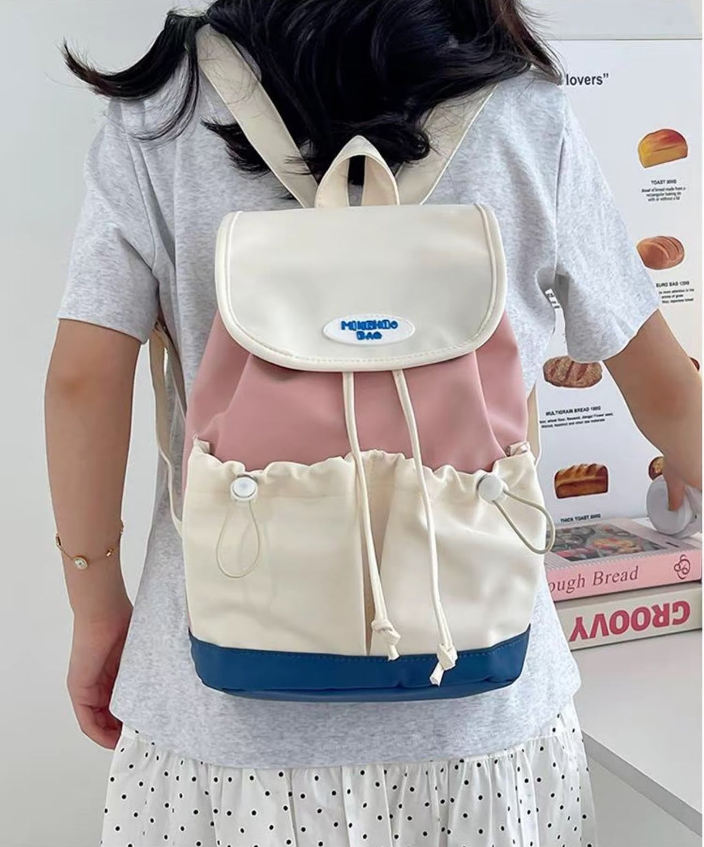 Unisex Casual Drawstring Backpack Lightweight Colourblock School Travel Bag with Front Pockets & Back Zip Pocket