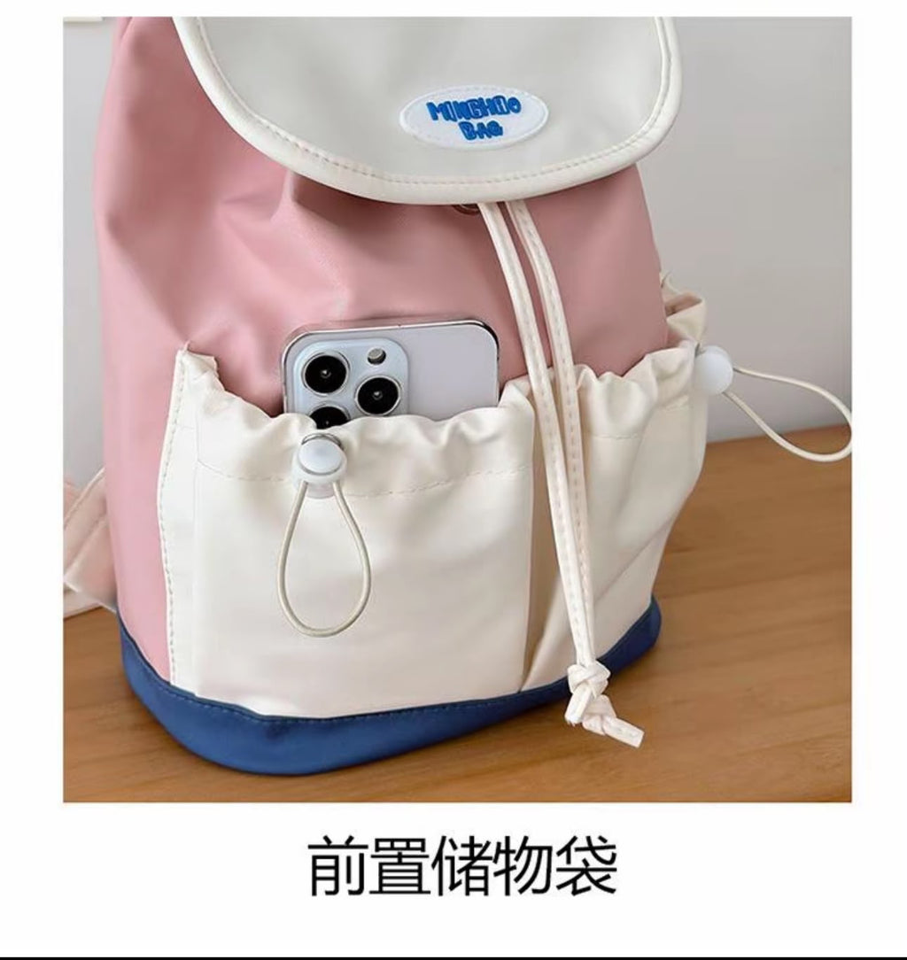 Unisex Casual Drawstring Backpack Lightweight Colourblock School Travel Bag with Front Pockets & Back Zip Pocket