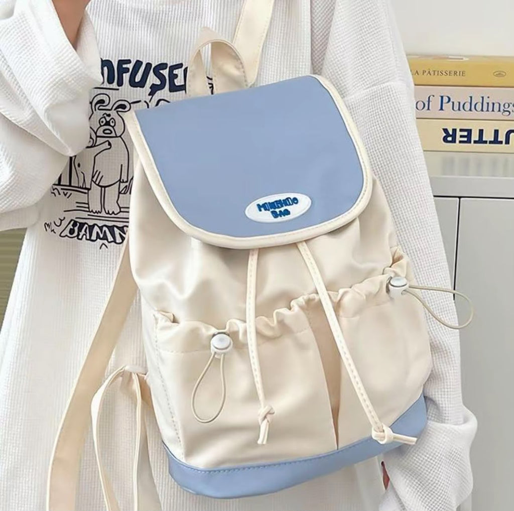 Unisex Casual Drawstring Backpack Lightweight Colourblock School Travel Bag with Front Pockets & Back Zip Pocket