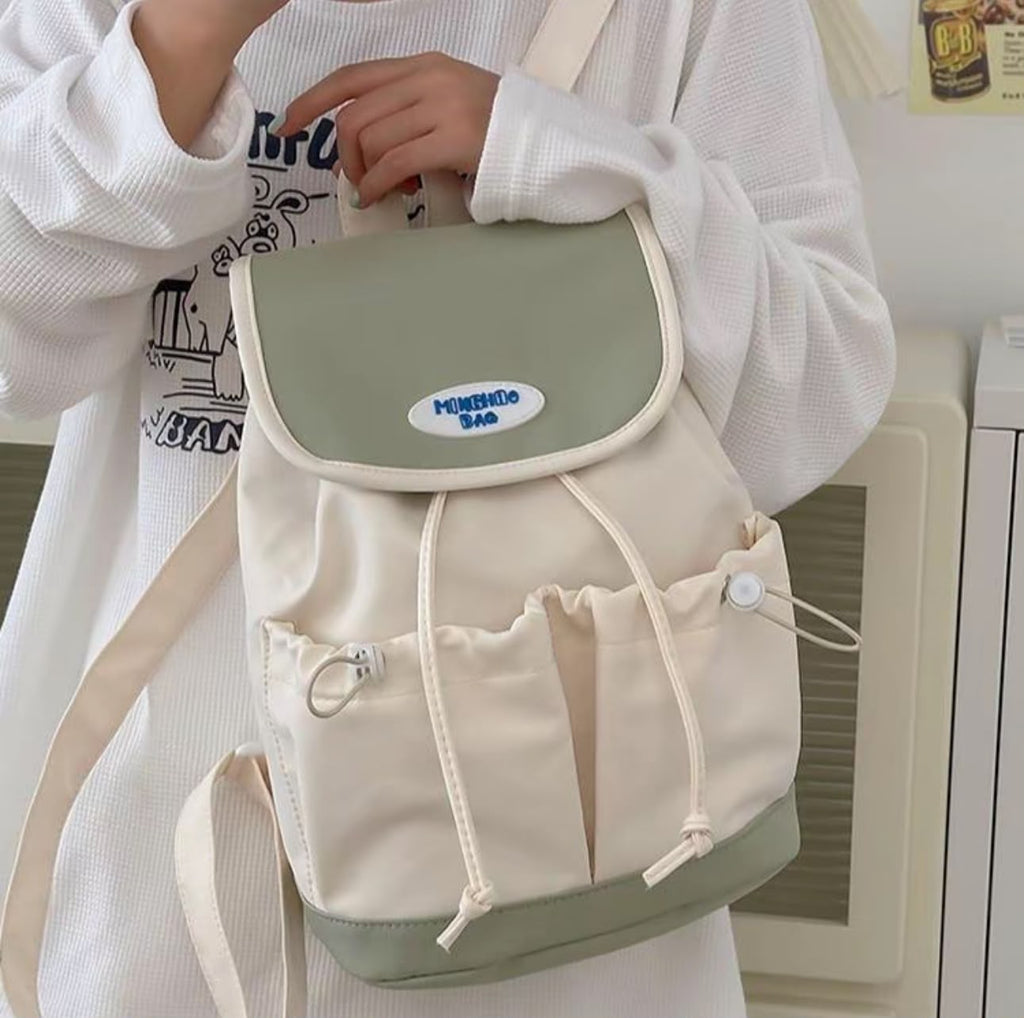 Unisex Casual Drawstring Backpack Lightweight Colourblock School Travel Bag with Front Pockets & Back Zip Pocket