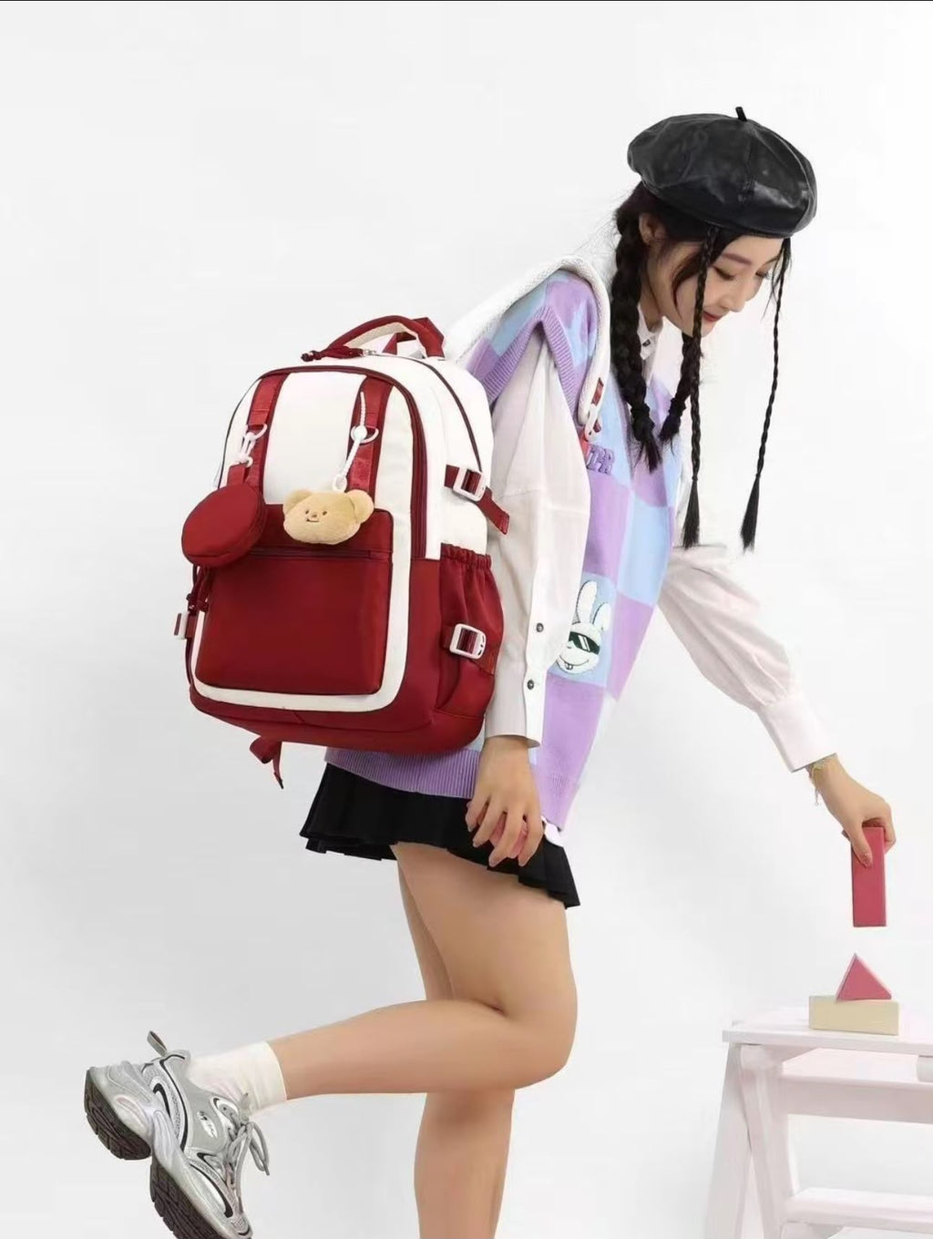 Korean Style Large Capacity School Backpack for Girls Women Lightweight Water-Resistant College Travel Bag with Bear Pendant & Pouch