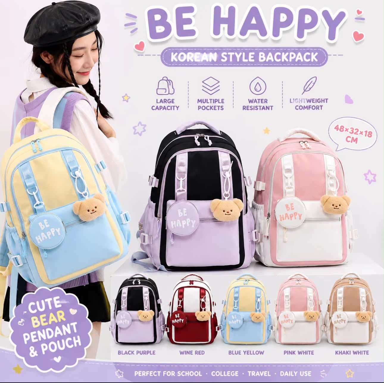 Korean Style Large Capacity School Backpack for Girls Women Lightweight Water-Resistant College Travel Bag with Bear Pendant & Pouch