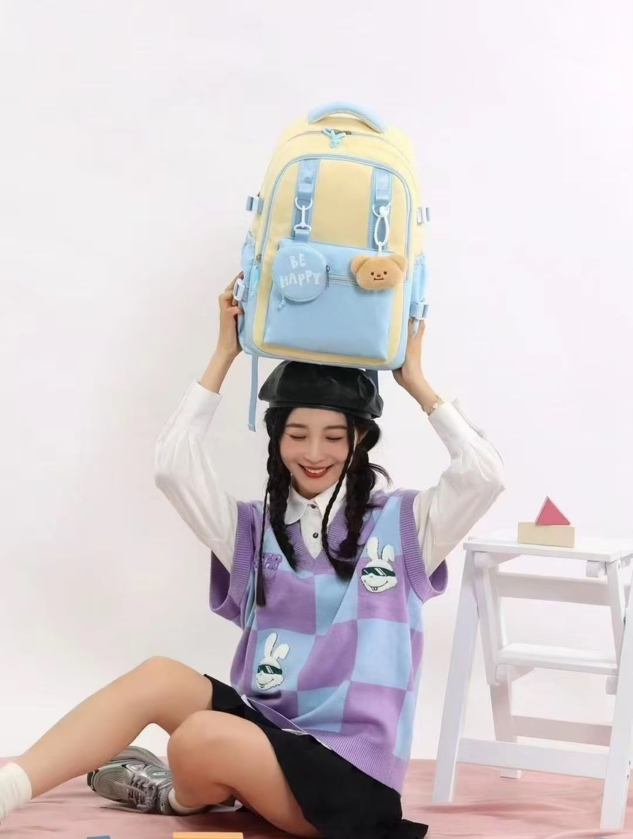 Korean Style Large Capacity School Backpack for Girls Women Lightweight Water-Resistant College Travel Bag with Bear Pendant & Pouch
