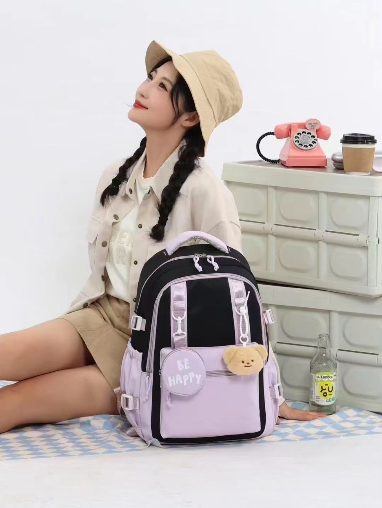 Korean Style Large Capacity School Backpack for Girls Women Lightweight Water-Resistant College Travel Bag with Bear Pendant & Pouch