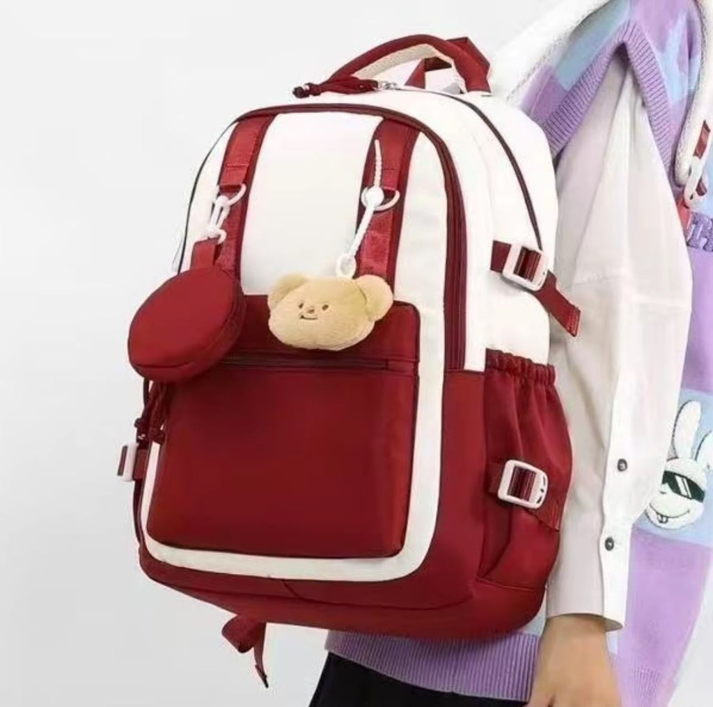 Korean Style Large Capacity School Backpack for Girls Women Lightweight Water-Resistant College Travel Bag with Bear Pendant & Pouch
