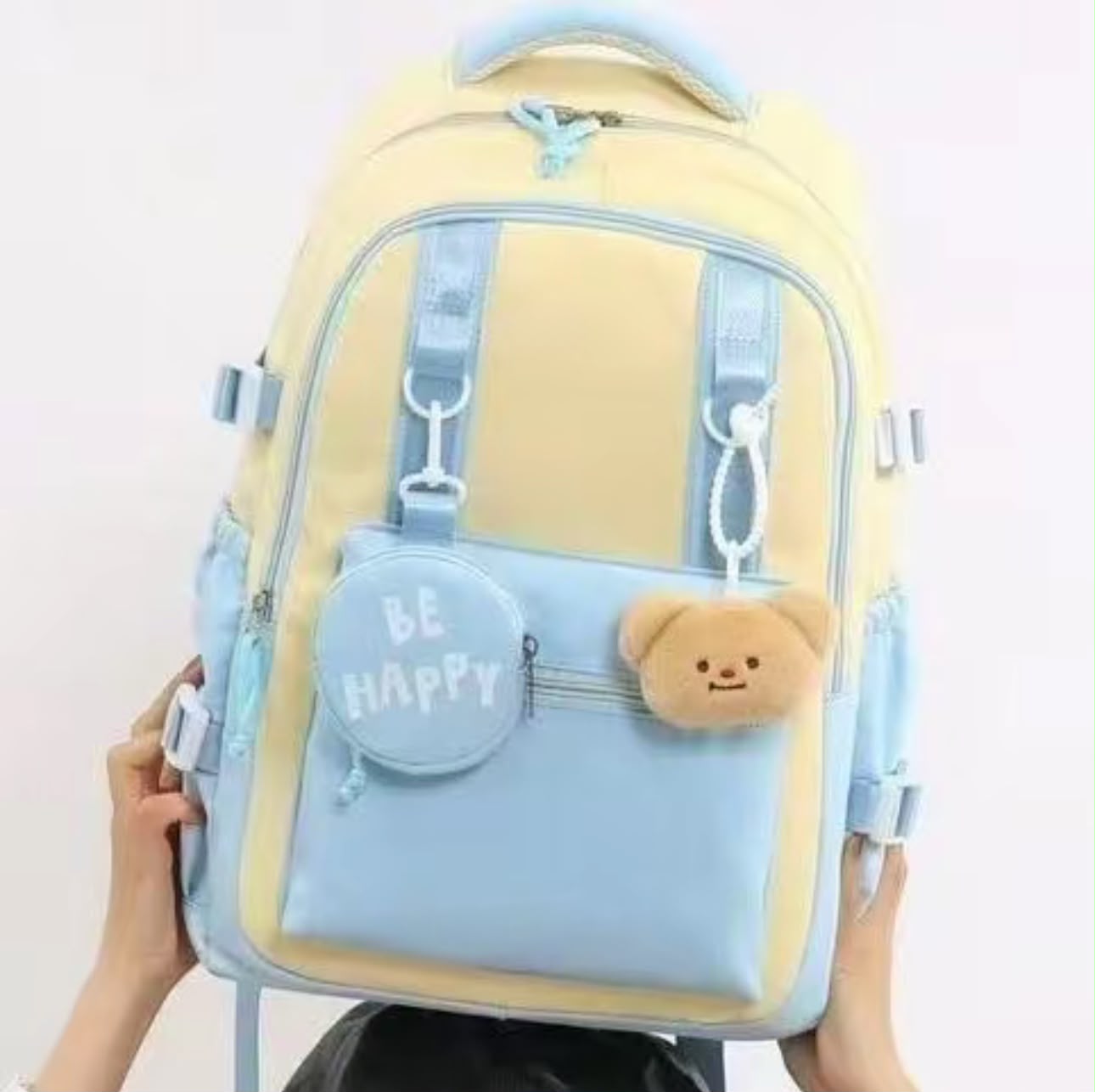Korean Style Large Capacity School Backpack for Girls Women Lightweight Water-Resistant College Travel Bag with Bear Pendant & Pouch