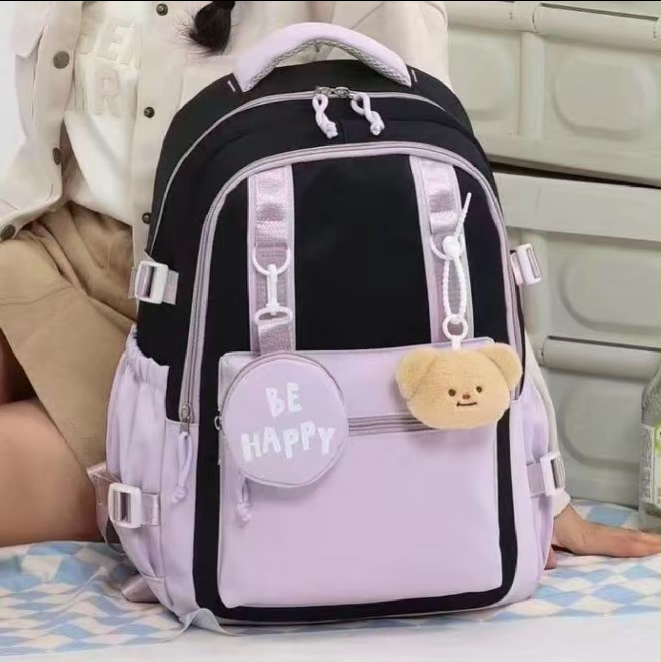 Korean Style Large Capacity School Backpack for Girls Women Lightweight Water-Resistant College Travel Bag with Bear Pendant & Pouch