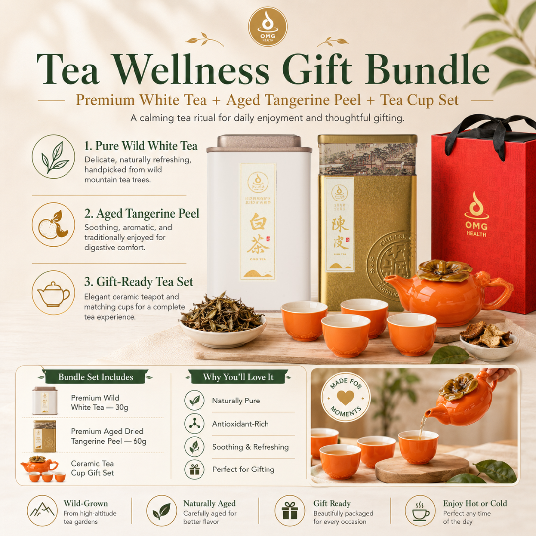 Premium Wild White Tea 30g + Aged Tangerine Peel 60g + Ceramic Teapot Cup Set | Tea Gift Bundle
