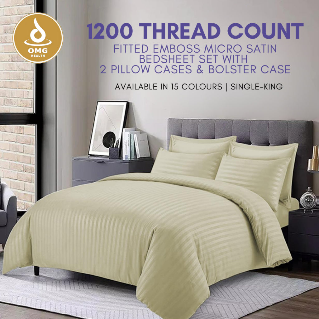 1200 Thread Count Fitted Emboss Micro Satin Bedsheet Set with 2 Pillow Cases & Bolster Case