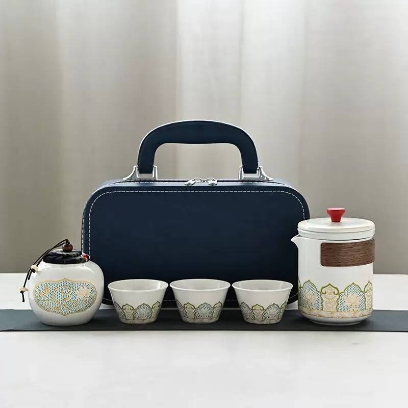 Portable Ceramic Tea Set with Premium Carrying Case | 3 Tea Cups, Teapot & Tea Caddy | Travel Tea Gift Set