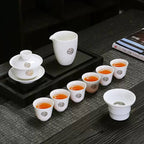 Chinese Kung Fu Tea Set Gift Box | White Porcelain Gaiwan, Tea Pitcher, Filter & 6 Cups | Gold 福 Design