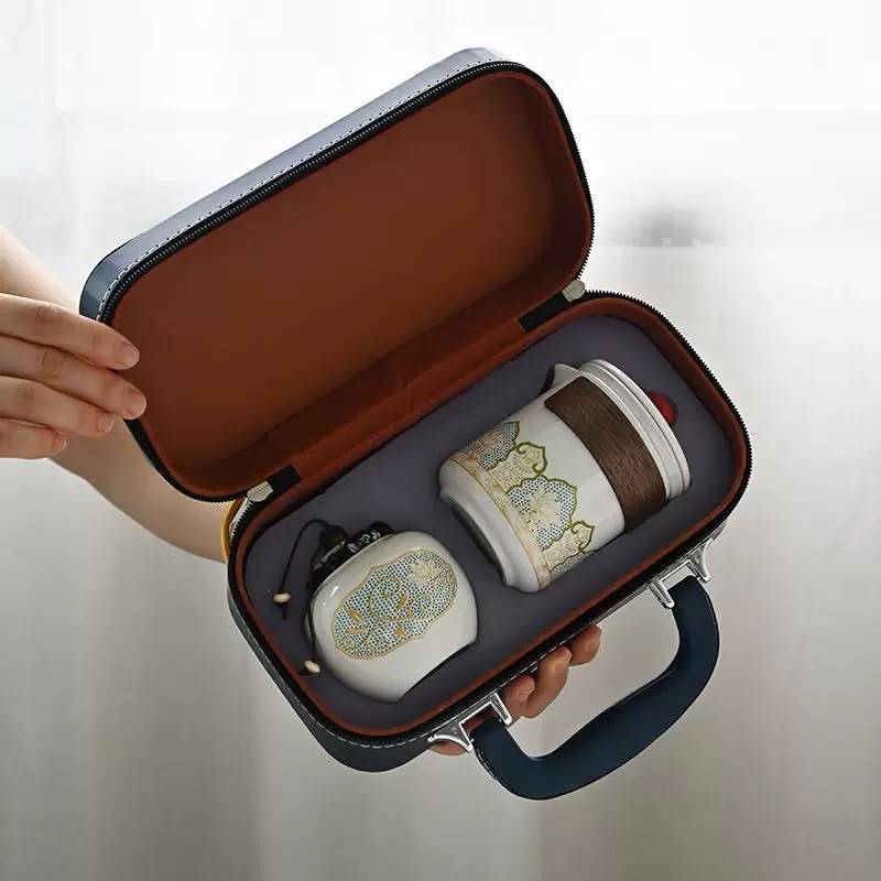 Portable Ceramic Tea Set with Premium Carrying Case | 3 Tea Cups, Teapot & Tea Caddy | Travel Tea Gift Set