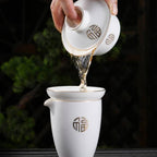 Chinese Kung Fu Tea Set Gift Box | White Porcelain Gaiwan, Tea Pitcher, Filter & 6 Cups | Gold 福 Design