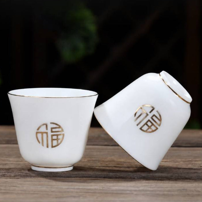 Chinese Kung Fu Tea Set Gift Box | White Porcelain Gaiwan, Tea Pitcher, Filter & 6 Cups | Gold 福 Design