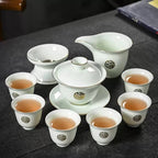Chinese Kung Fu Tea Set Gift Box | White Porcelain Gaiwan, Tea Pitcher, Filter & 6 Cups | Gold 福 Design