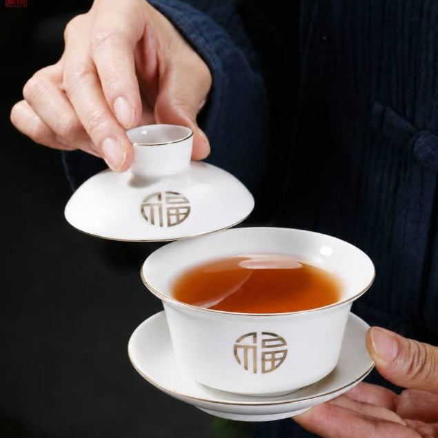 Chinese Kung Fu Tea Set Gift Box | White Porcelain Gaiwan, Tea Pitcher, Filter & 6 Cups | Gold 福 Design
